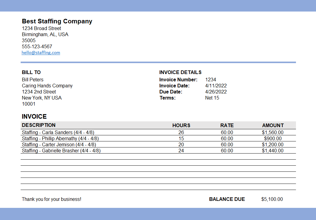 staffing agency invoice example